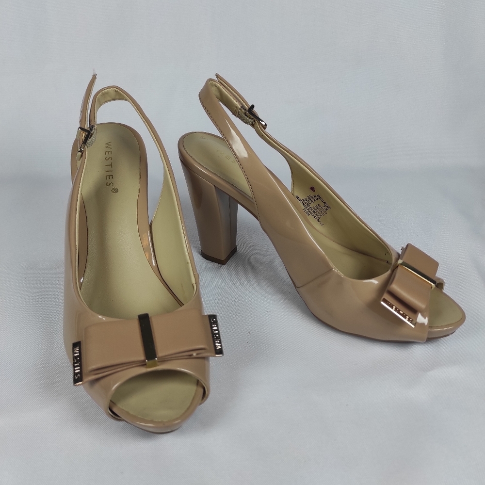 Nine West nude heels peep toe bow slingback Westies DeCruz